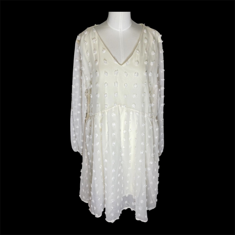 OURS Women Dress Cream Swiss Dot Large Boho Babydoll Romantic Long Sleeve
